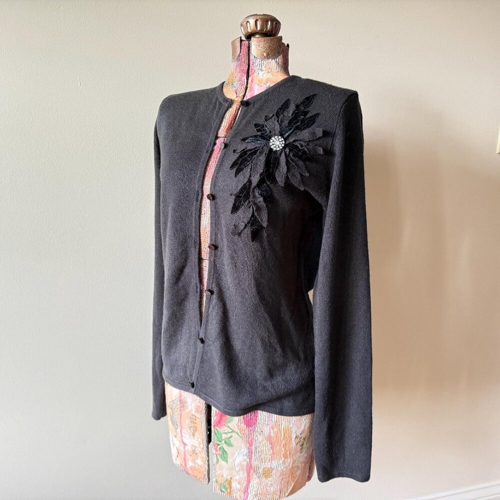 Vintage 1950s Black Cardigan Sweater — Velvet Appliqué Flower & Rhinestone Butto